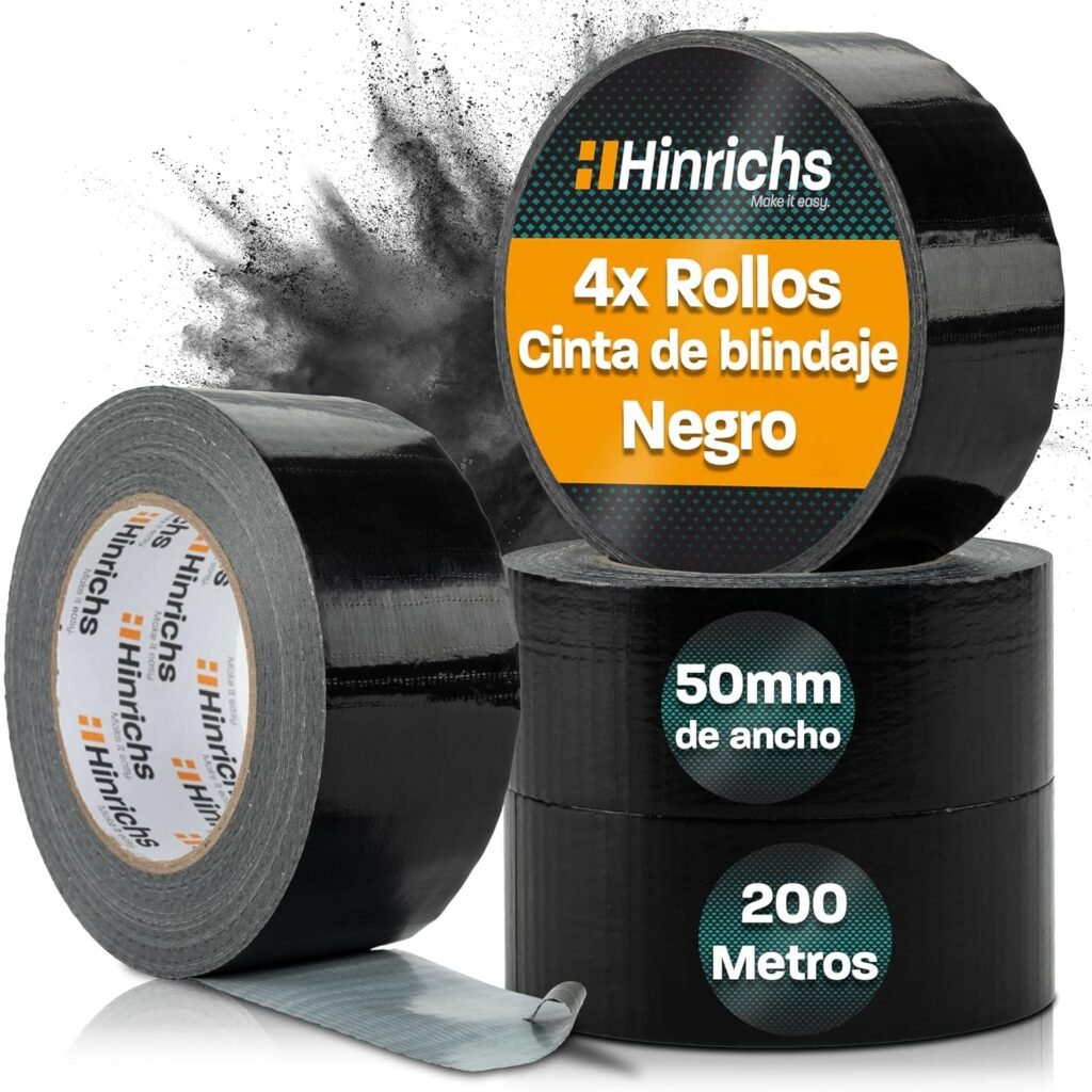 Cinta Americana Negra - 4 Rollos de Duct Tape 50m x 50mm - Cinta Adhesiva extrafuerte - Gaffer Tape Impermeable - Cinta Pintar negra - Cinta Adhesiva para Interior y Exterior
