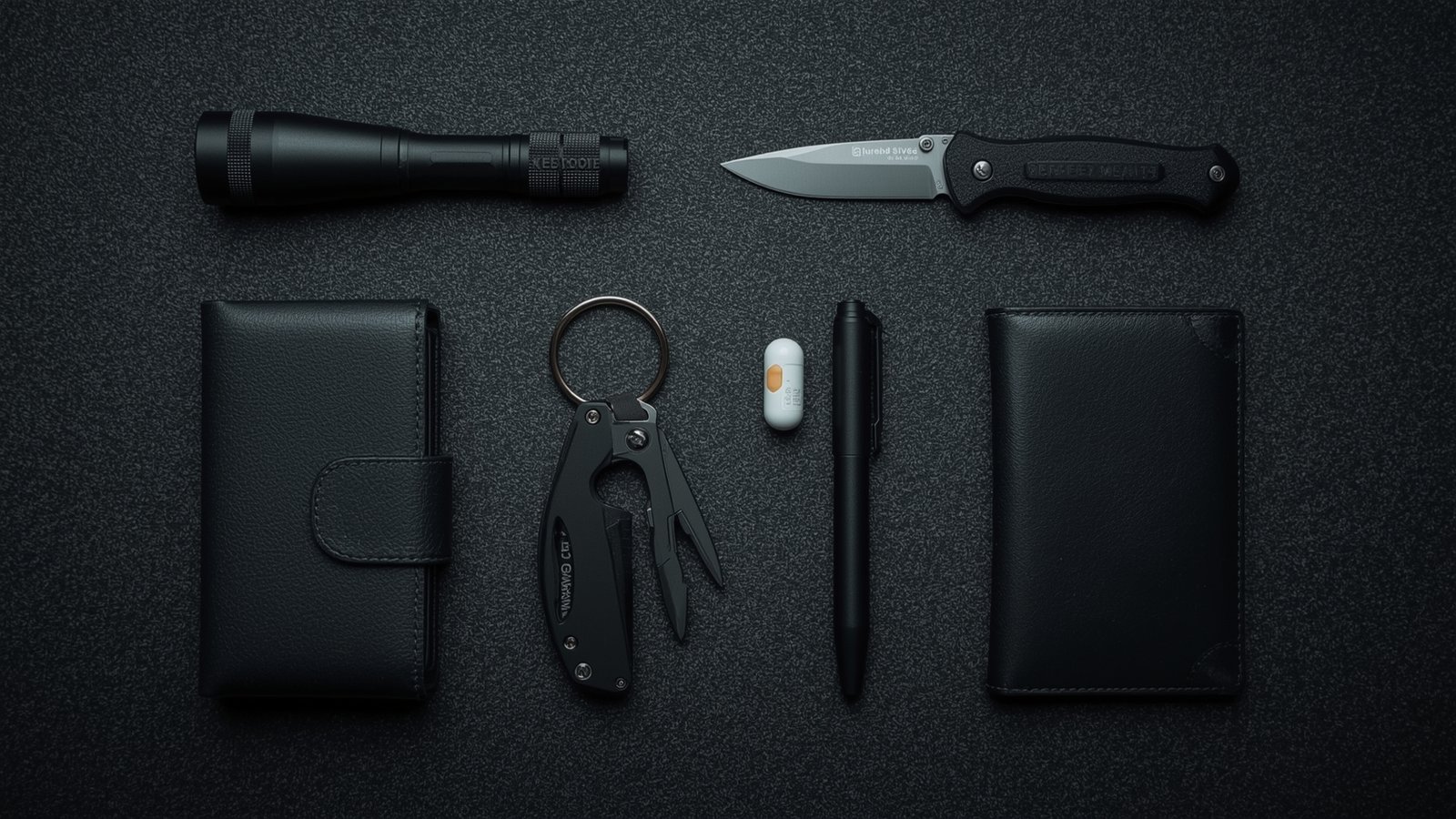 Vista superior de un conjunto de objetos EDC urbanos sobre fondo oscuro: linterna táctica, navaja, multiherramienta, bolígrafo táctico, powerbank y llavero multiherramienta.