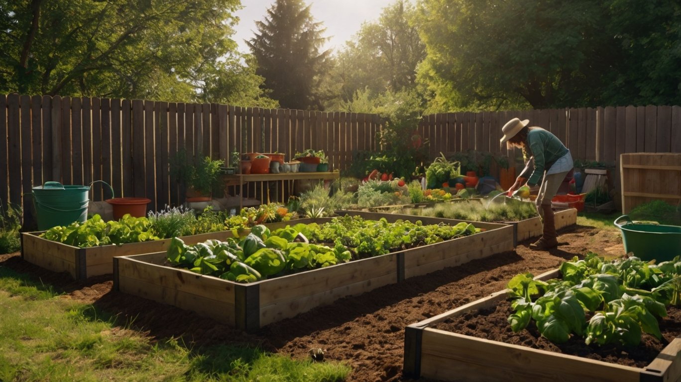 Vista realista de un huerto de supervivencia con camas de cultivo elevadas, verduras variadas, herramientas de jardinería y una persona cuidando sus plantas bajo la luz del sol