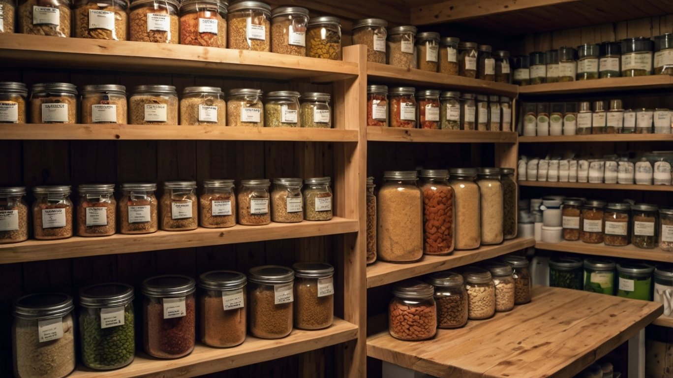 Estantería con alimentos de larga duración como enlatados, arroz, pasta y productos liofilizados, organizada como reserva de emergencia
