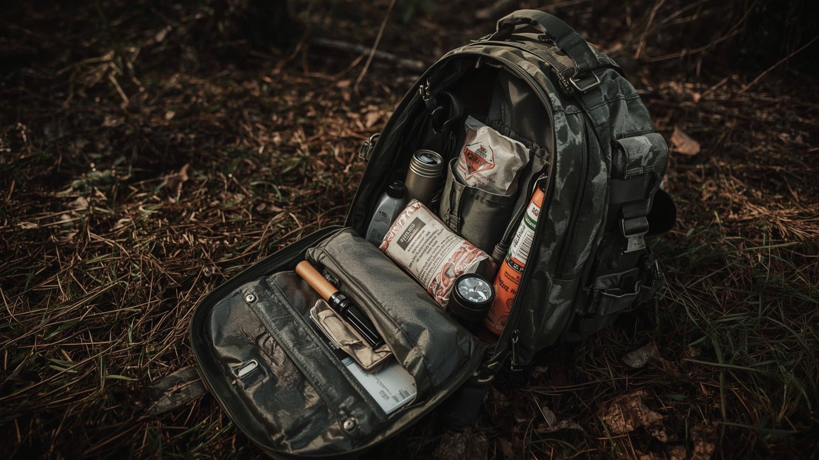 Mochila de emergencia abierta mostrando equipo esencial de supervivencia como filtro de agua, linterna, botiquín, raciones de comida y multiherramienta, en un entorno natural al aire libre.