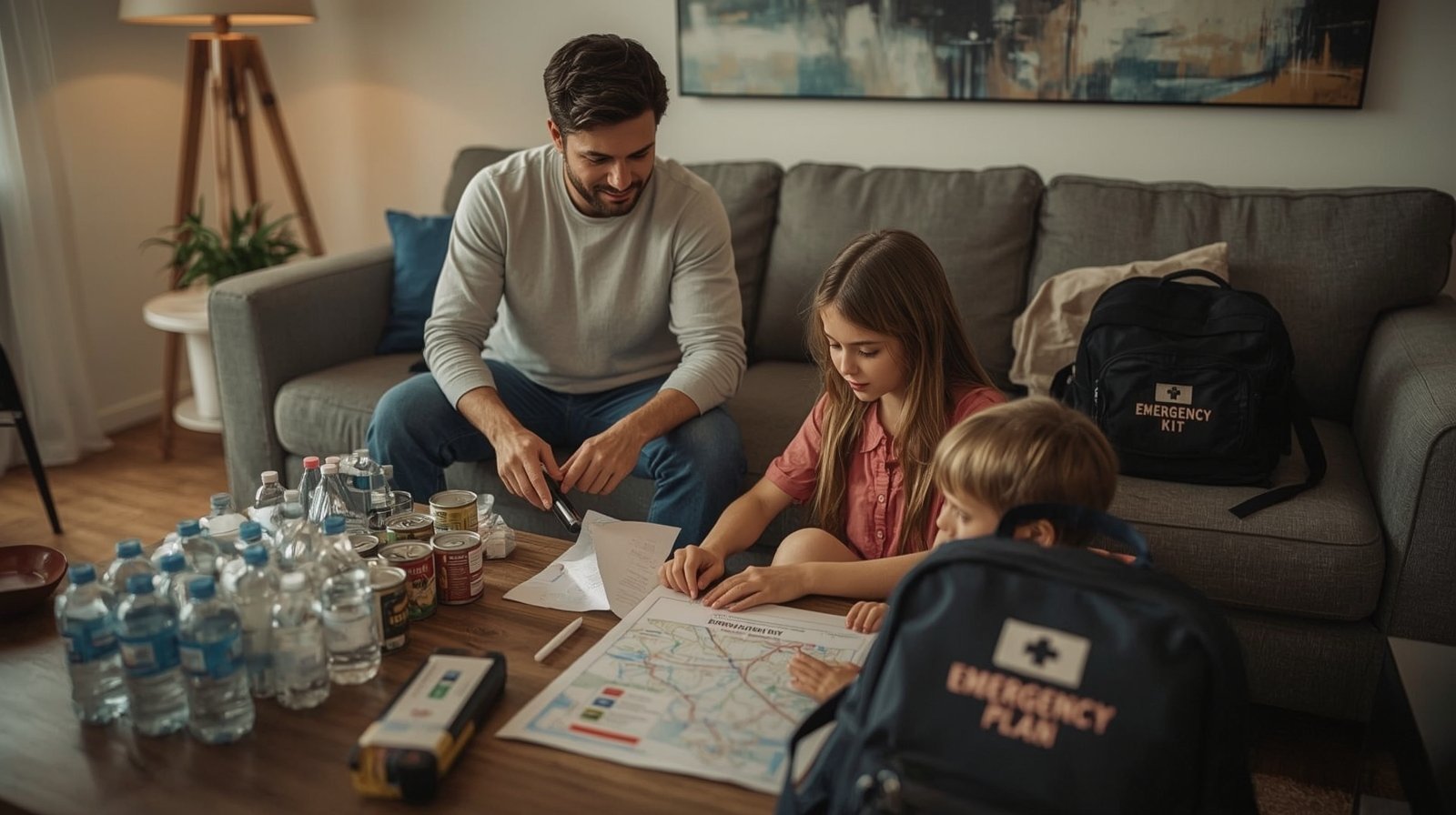 Modern family preparing a 72-hour emergency kit at home with water, food, flashlight, radio, and medical supplies on the table.