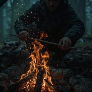Persona encendiendo fuego con firesteel y yesca seca bajo lluvia o nieve, en un entorno natural y húmedo
