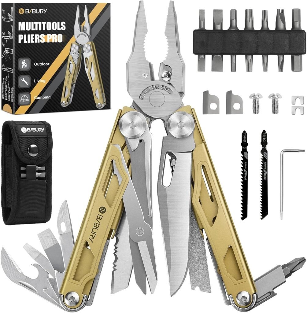 BIBURY Multiherramienta de Alicates, Navaja Multiusos de Acero Inoxidable con Tijeras y Juego de Destornilladores, Portátiles Alicates Plegables para la Trabajo Exterior, Camping- Pro- Titanio- Oro