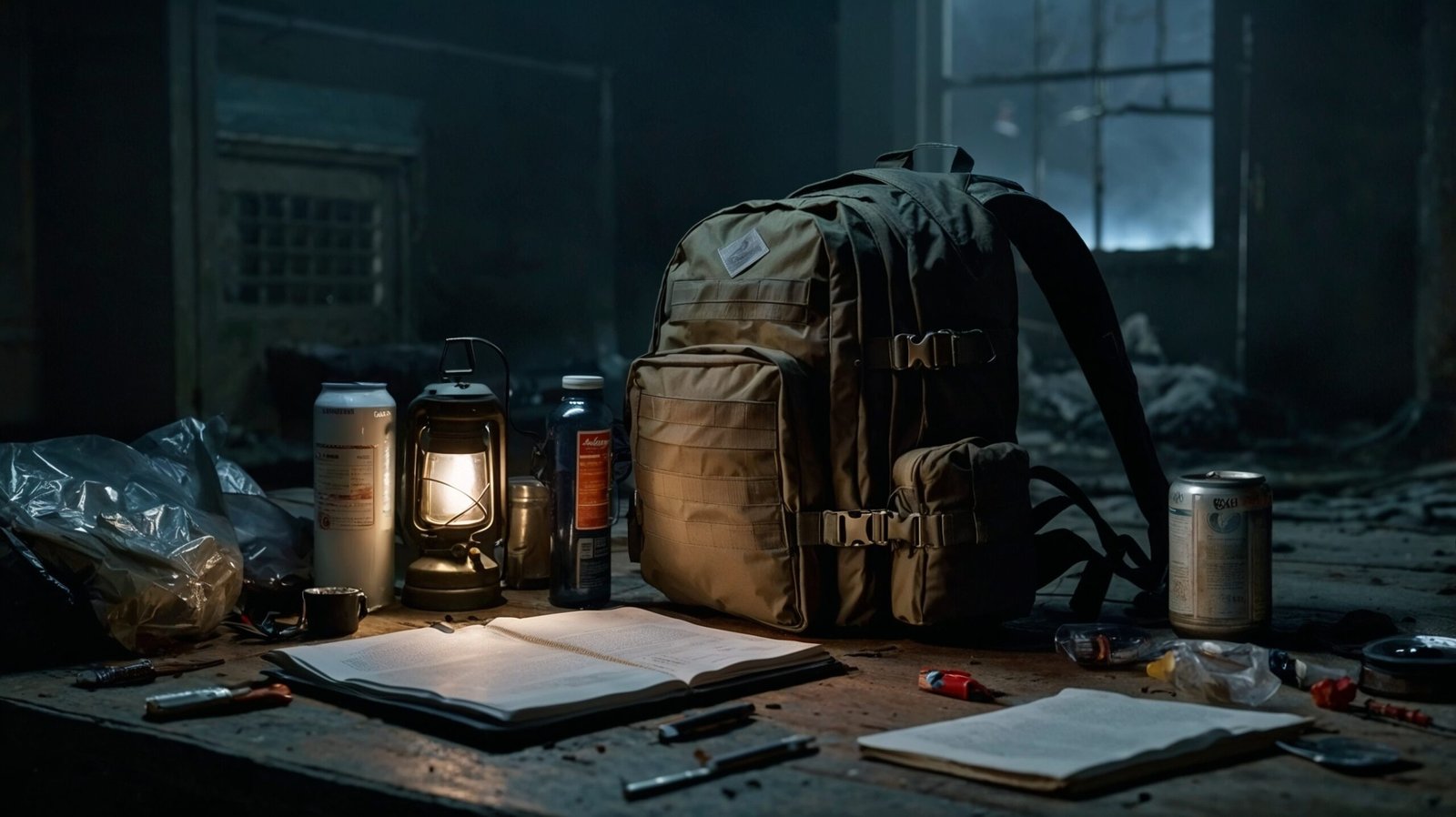Kit de emergencia desplegado sobre una mesa durante un apagón: mochila de 72 horas, radio NOAA, linterna táctica, multiherramienta, agua embotellada y una persona revisando un plan bajo la luz de una linterna